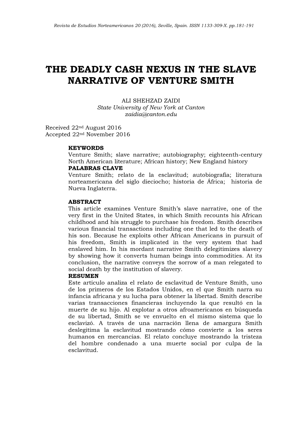 The Deadly Cash Nexus in the Slave Narrative of Venture Smith