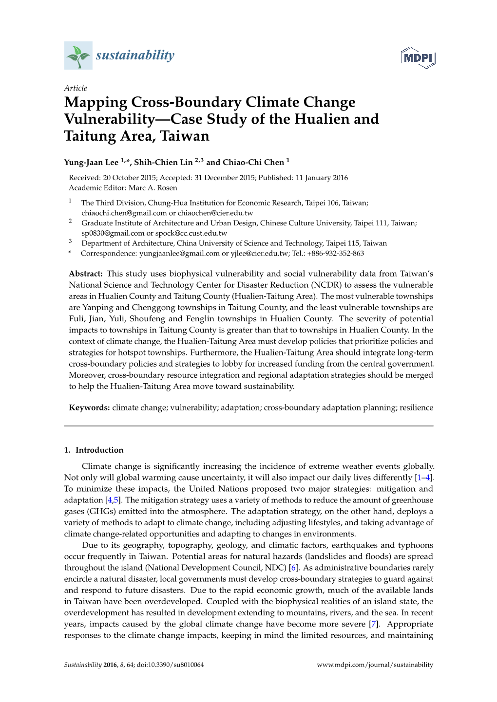 Mapping Cross-Boundary Climate Change Vulnerability—Case Study of the Hualien and Taitung Area, Taiwan