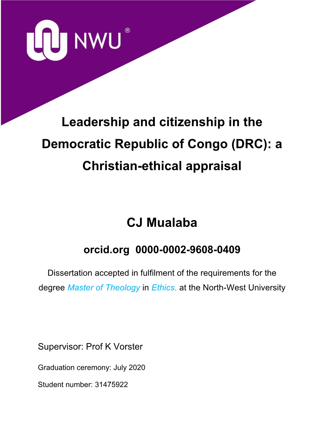 Leadership and Citizenship in the Democratic Republic of Congo (DRC): a Christian-Ethical Appraisal