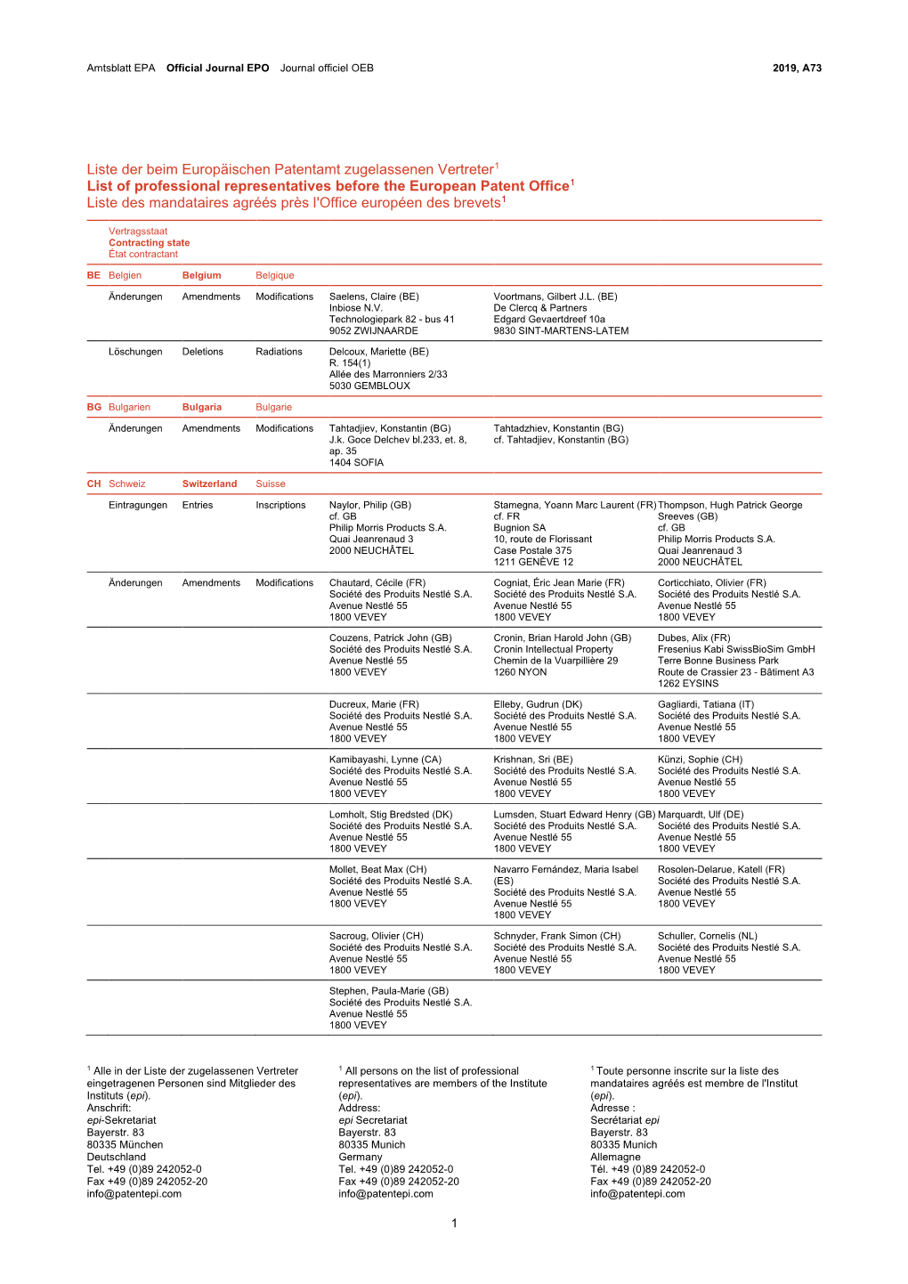 European Patent Office1 Liste Des Mandataires Agréés Près L'office Européen Des Brevets1