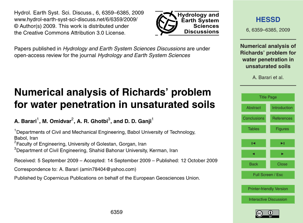 Numerical Analysis of Richards' Problem for Water Penetration In