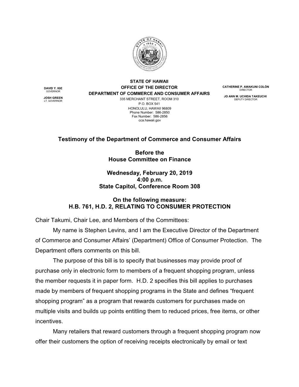 Testimony of the Department of Commerce and Consumer Affairs