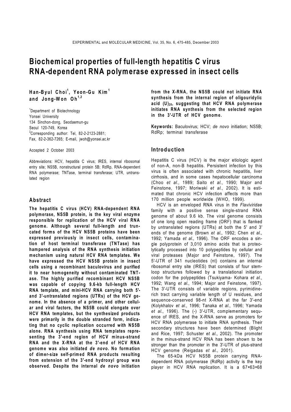 Biochemical Properties of Full-Length Hepatitis C Virus RNA-Dependent RNA Polymerase Expressed in Insect Cells