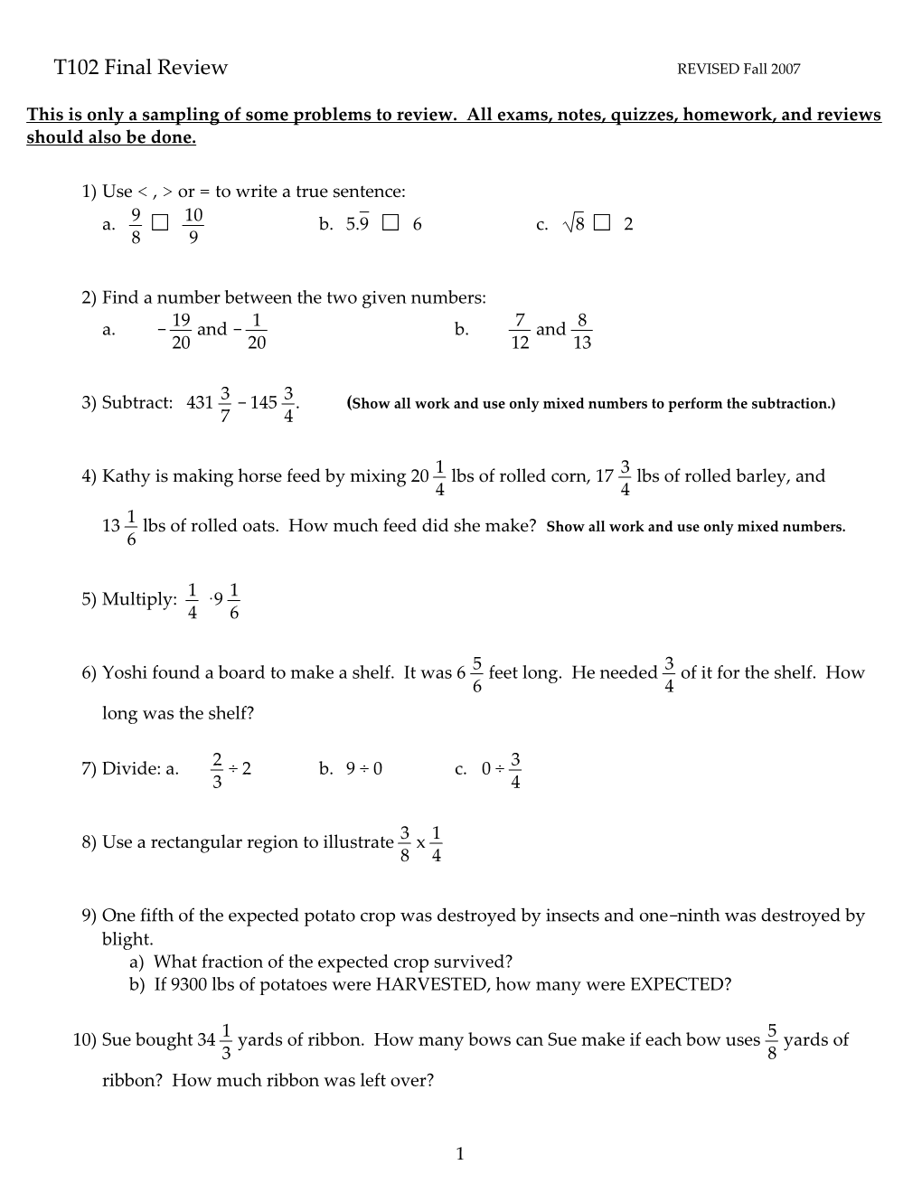 T102 Final Review REVISED Fall 2007