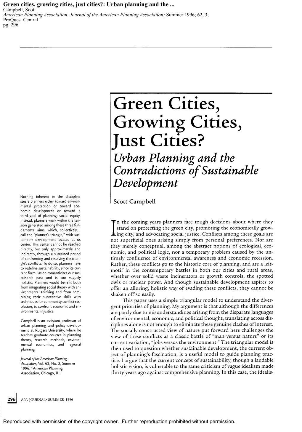 Green Cities, Growing Cities, Just Cities?: Urban Planning and the