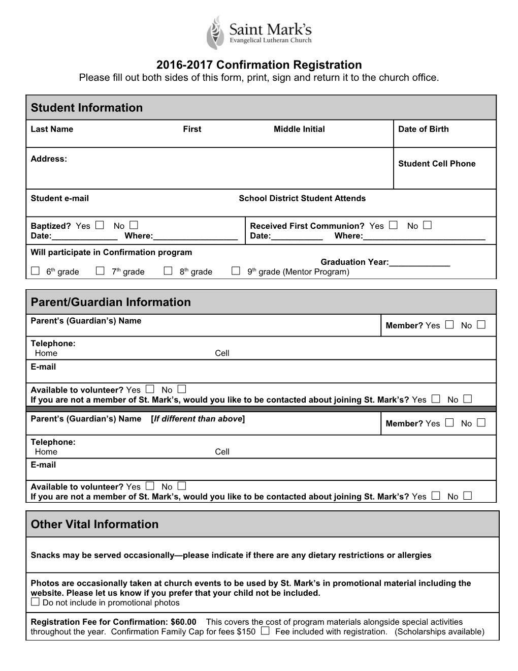 2016-2017 Confirmation Registration