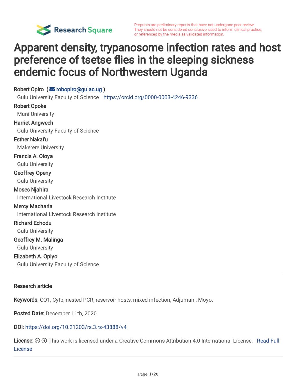 Apparent Density, Trypanosome Infection Rates and Host Preference of Tsetse Fies in the Sleeping Sickness Endemic Focus of Northwestern Uganda