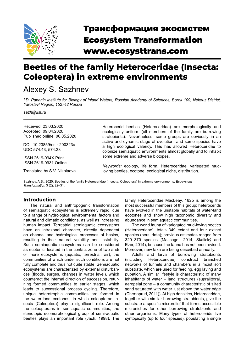 (Insecta: Coleoptera) in Extreme Environments Alexey S