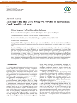 Research Article Influence of the Blue Coral Heliopora Coerulea on Scleractinian Coral Larval Recruitment