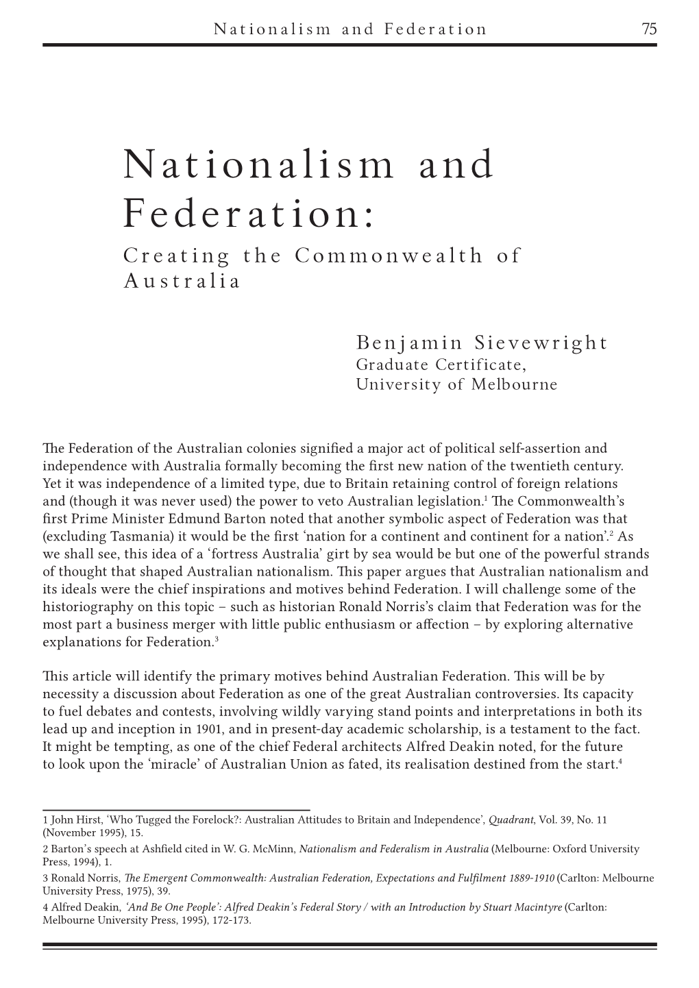 Nationalism and Federation: Creating the Commonwealth of Australia