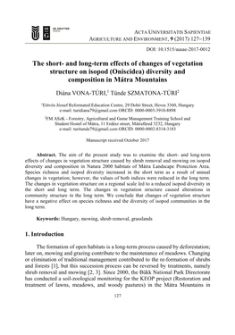 And Long-Term Effects of Changes of Vegetation Structure on Isopod (Oniscidea) Diversity and Composition in Mátra Mountains