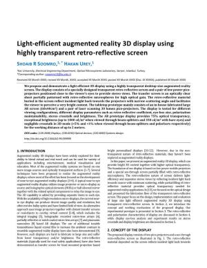 Light-Efficient Augmented Reality 3D Display Using Highly Transparent Retro-Reflective Screen