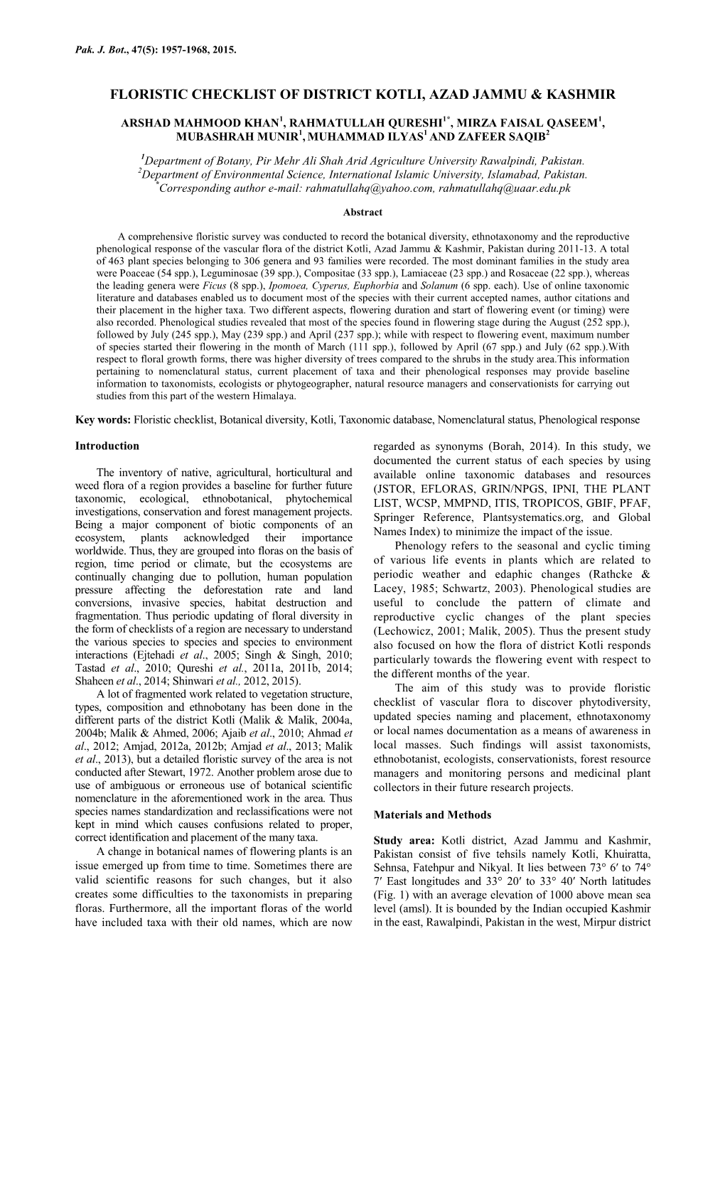 Floristic Checklist of District Kotli, Azad Jammu & Kashmir