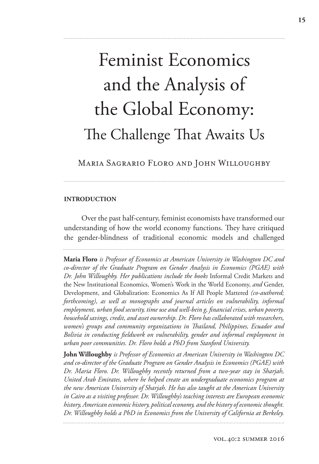 Feminist Economics and the Analysis of the Global Economy: the Challenge That Awaits Us