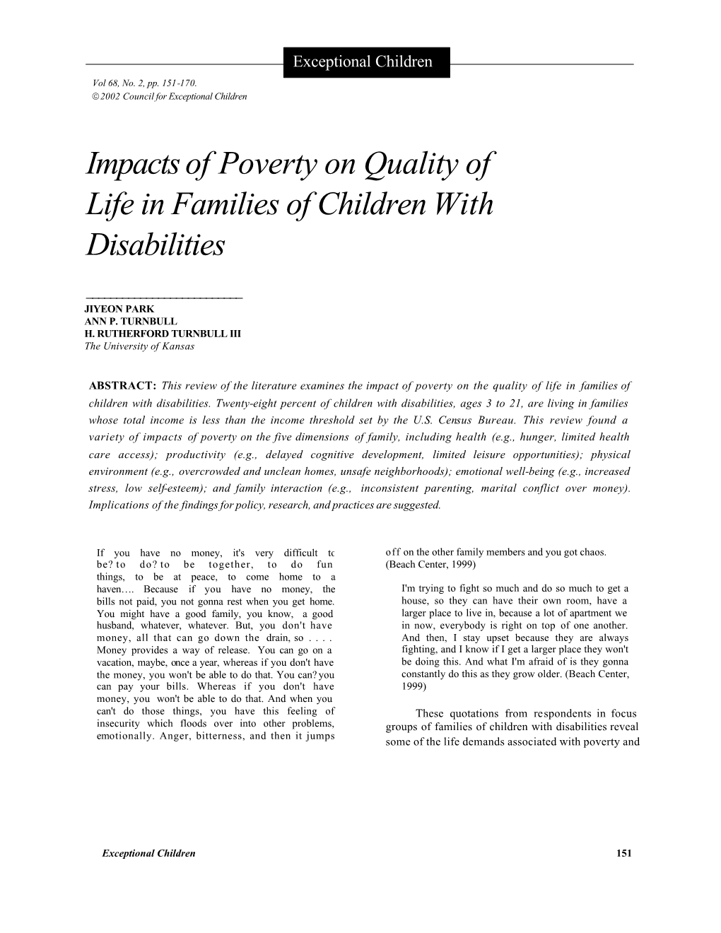 Impacts of Poverty on Quality of Life in Families of Children with Disabilities