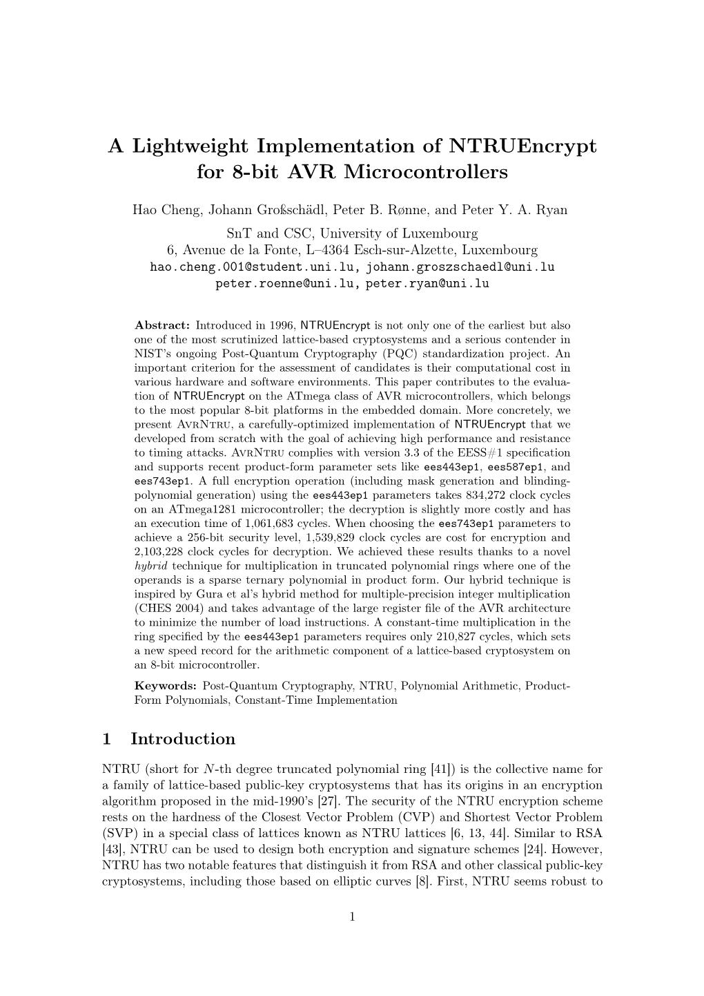 A Lightweight Implementation of Ntruencrypt for 8-Bit AVR Microcontrollers