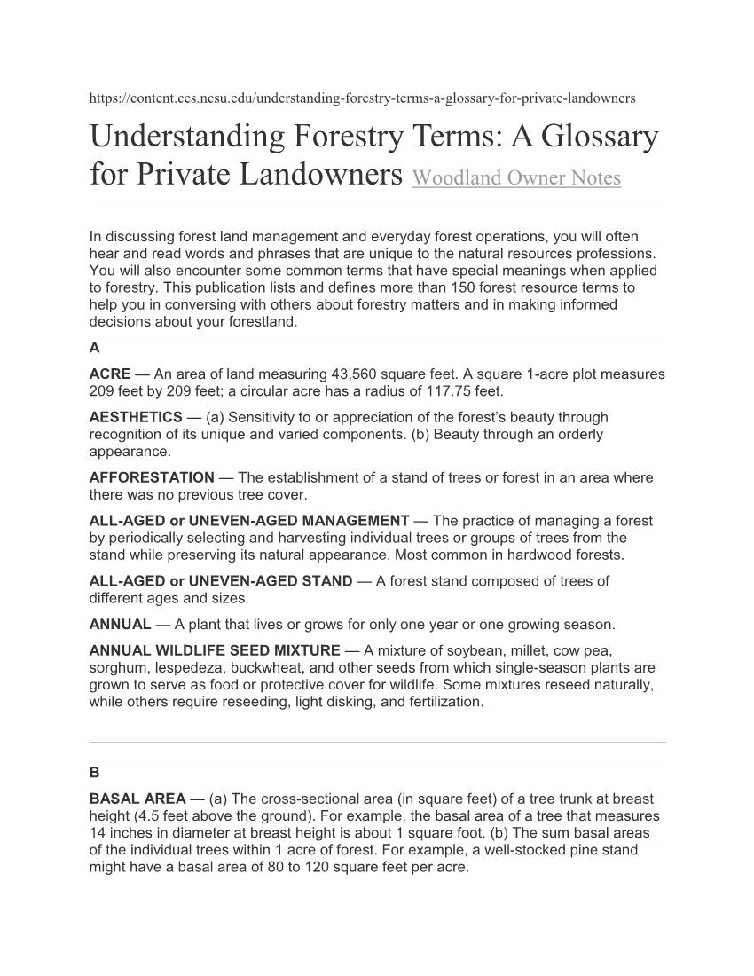 Understanding Forestry Terms: a Glossary for Private Landowners Woodland Owner Notes