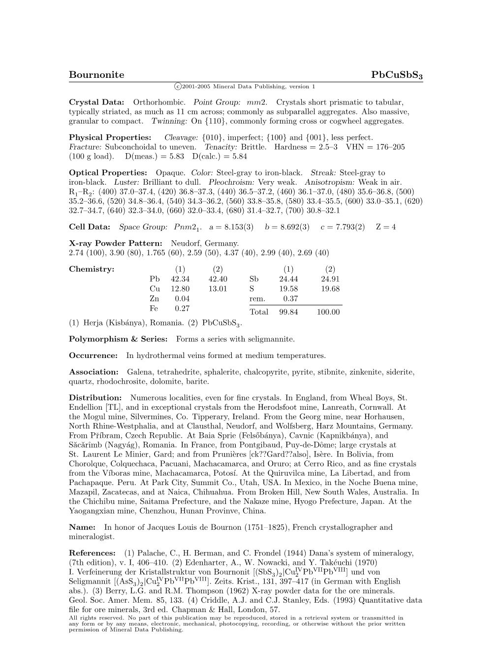 Bournonite Pbcusbs3 C 2001-2005 Mineral Data Publishing, Version 1