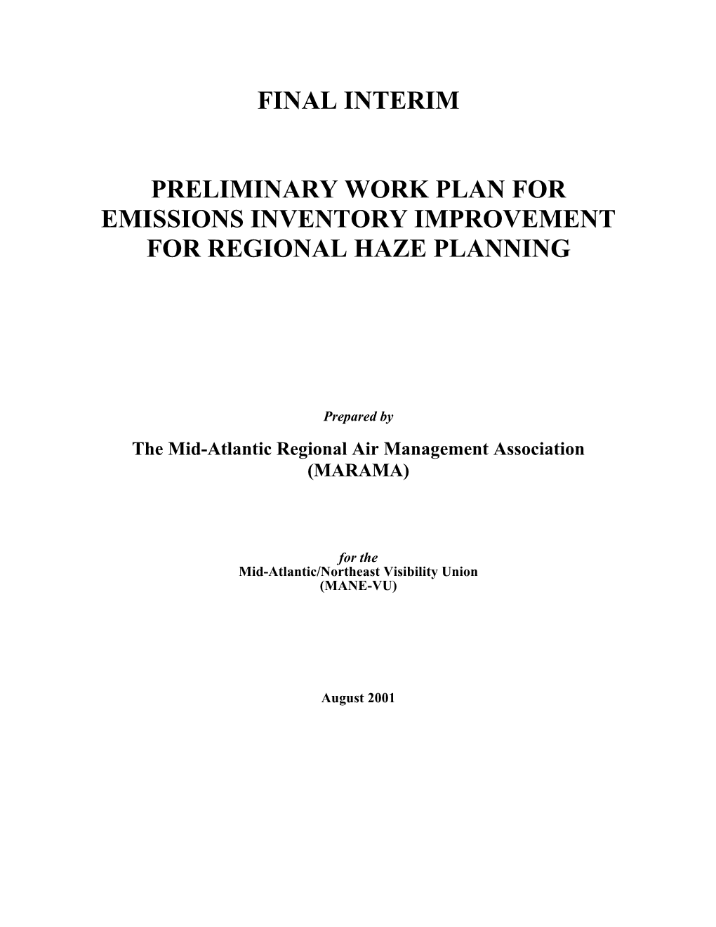 Preliminary Work Plan for Emissions Inventory Improvement for Regional Haze Planning