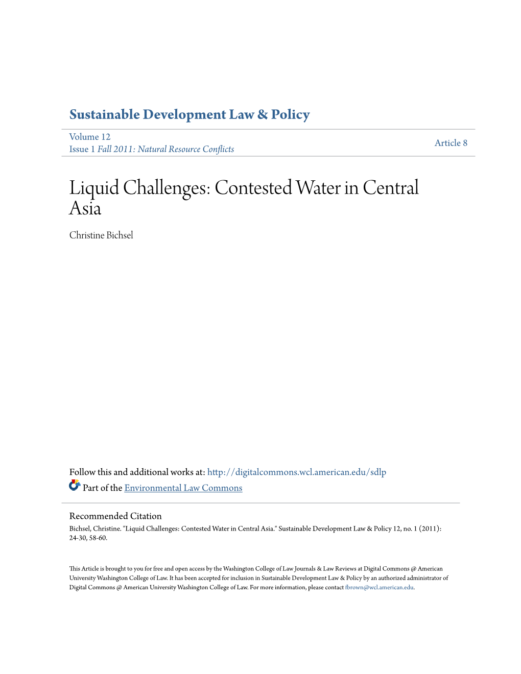 Contested Water in Central Asia Christine Bichsel