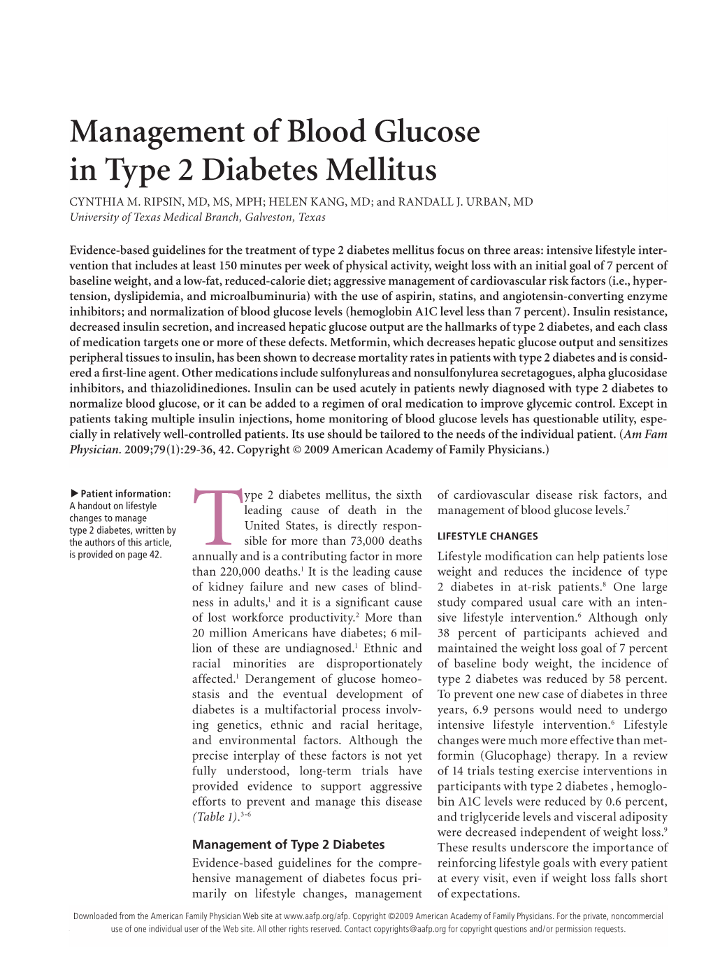 Management of Blood Glucose in Type 2 Diabetes Mellitus CYNTHIA M