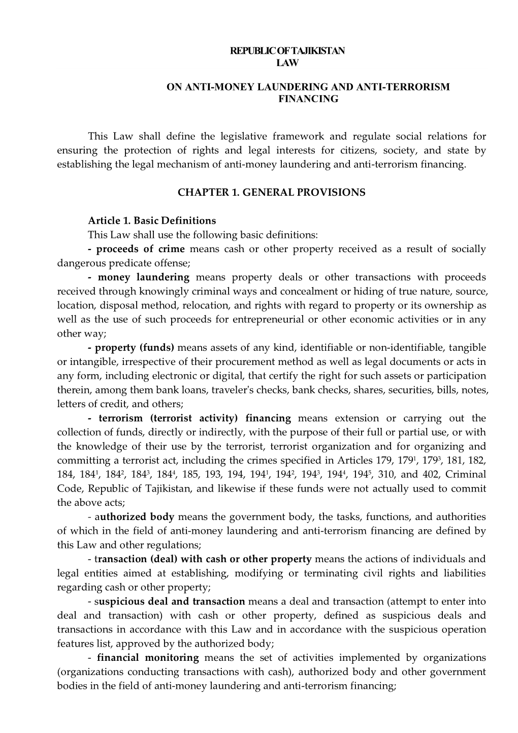 Law on Anti-Money Laundering and Anti-Terrorism Financing
