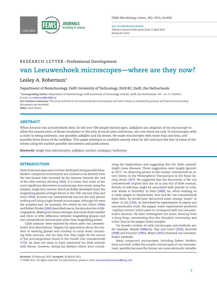 Van Leeuwenhoek Microscopes—Where Are They Now?