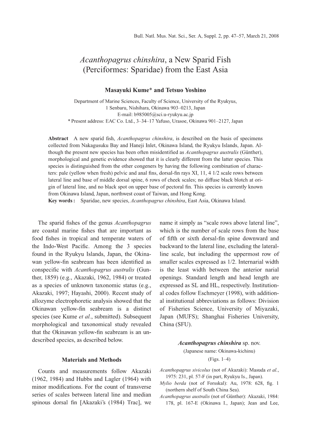 Acanthopagrus Chinshira, a New Sparid Fish (Perciformes: Sparidae) from the East Asia