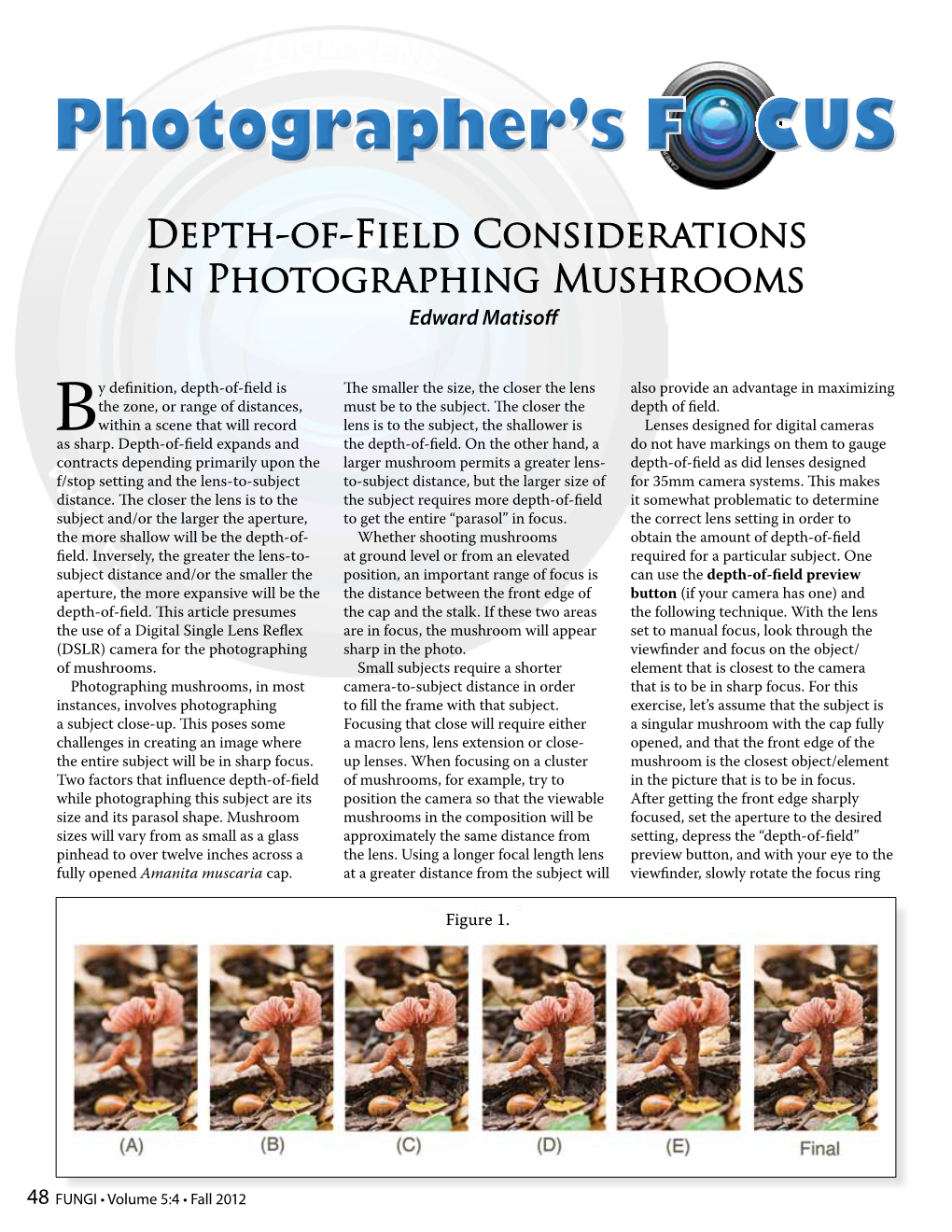 Depth-Of-Field Considerations in Photographing Mushrooms Edward Matisoff