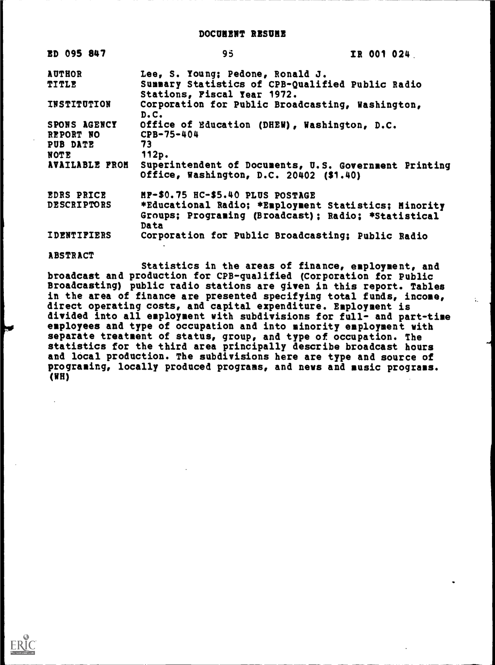 Summary Statistics of CPB-Qualified Public Radio Corporation for Public Broadcasting, Washington, Superintendent of Documents, U