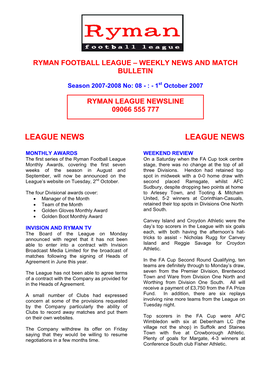 Ryman Football League – Weekly News and Match Bulletin