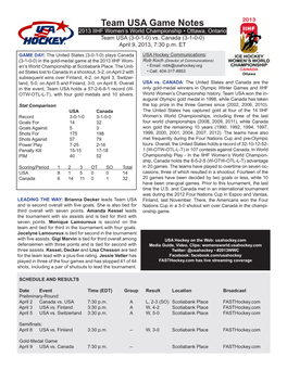 Team USA Game Notes on 4 9 13 Vs. CAN.Indd