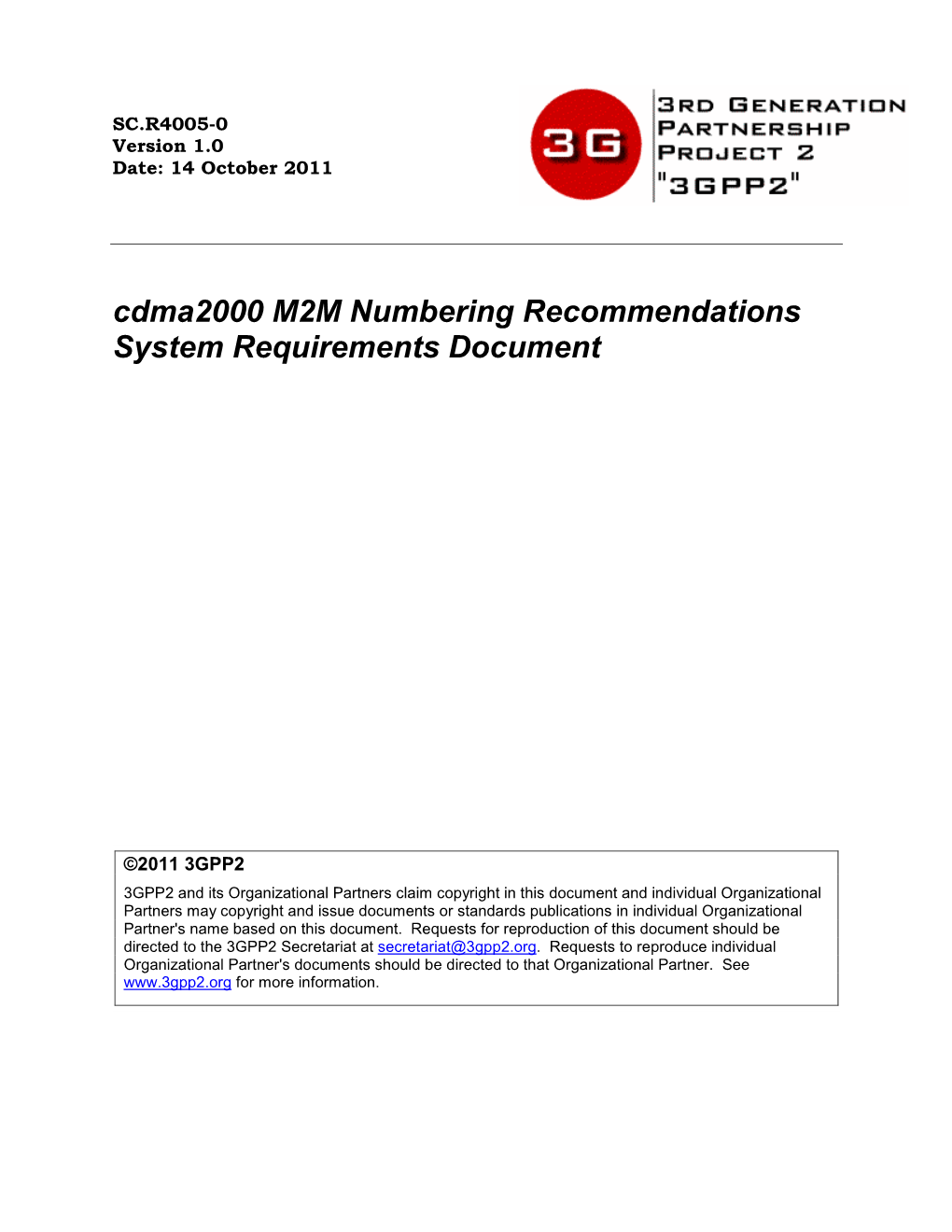 SC.R4005-0 V1.0 Cdma2000 M2M Numbering Recommendations