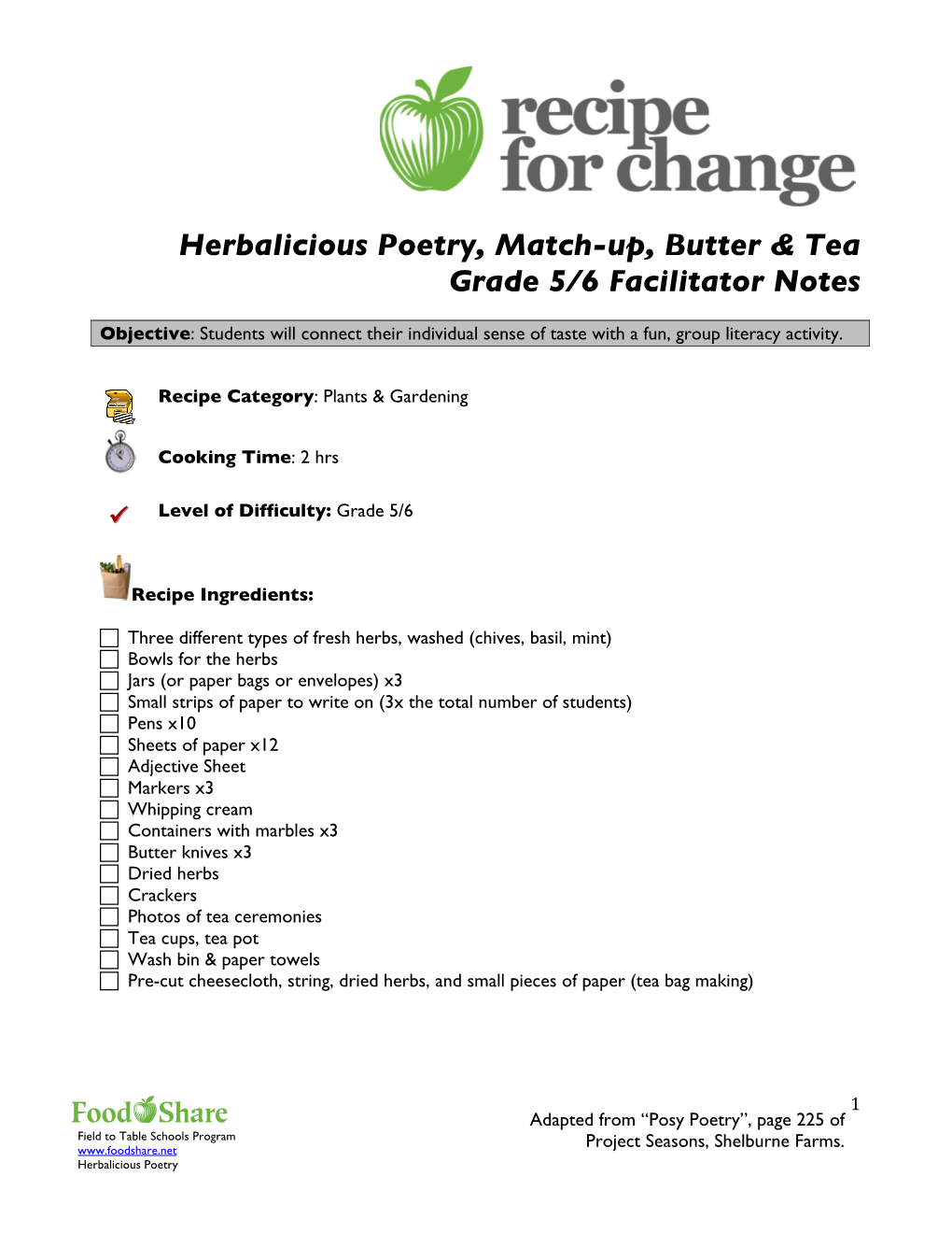 Herbalicious Poetry, Match-Up, Butter & Tea Grade 5/6 Facilitator Notes