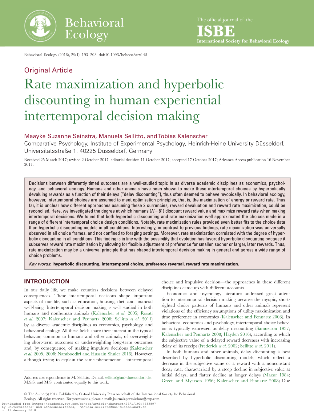 Rate Maximization and Hyperbolic Discounting in Human Experiential Intertemporal Decision Making