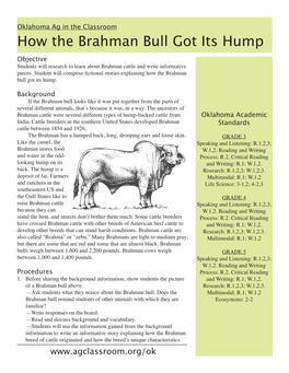 How the Brahman Bull Got Its Hump Objective Students Will Research to Learn About Brahman Cattle and Write Informative Pieces