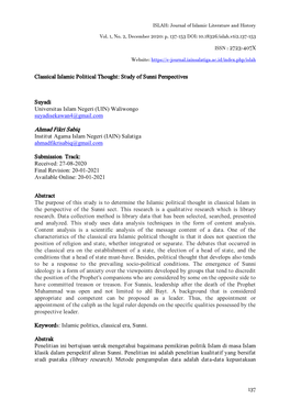 Classical Islamic Political Thought: Study of Sunni Perspectives