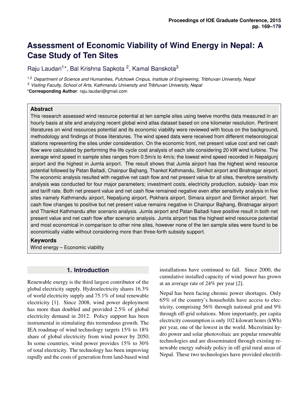 Assessment of Economic Viability of Wind Energy in Nepal: a Case Study of Ten Sites