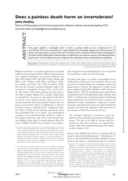 Does a Painless Death Harm an Invertebrate? John Hadley School of Humanities and Communication Arts, Western Sydney University, Sydney 2751, Australia