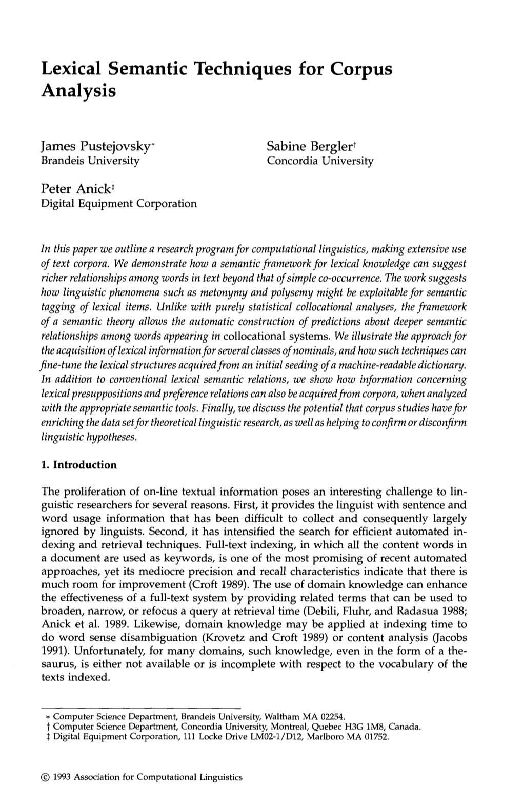 Lexical Semantic Techniques for Corpus Analysis