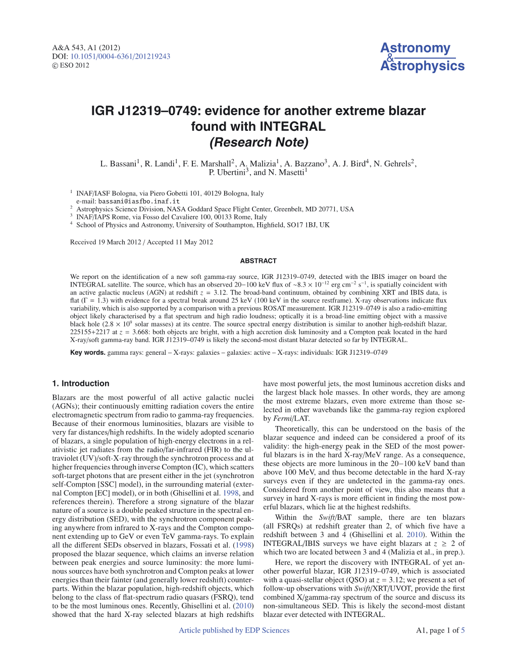 IGR J12319–0749: Evidence for Another Extreme Blazar Found with INTEGRAL (Research Note)