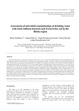 Assessment of Microbial Contamination of Drinking Water with Total Coliform Bacteria and Escherichia Coli in the Bitola Region