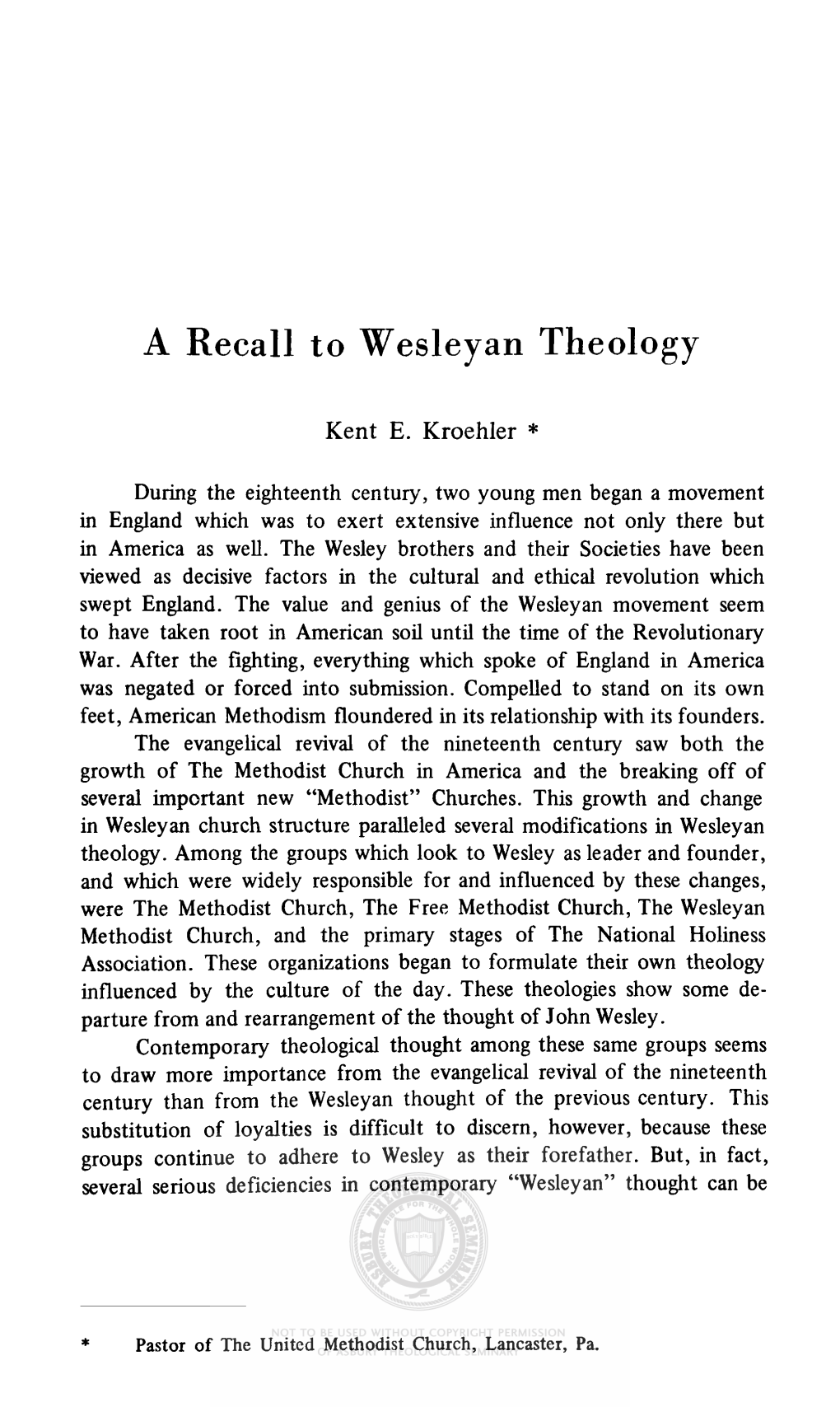 A Recall to Wesleyan Theology