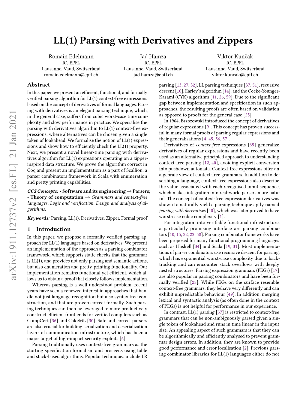 Parsing with Derivatives and Zippers