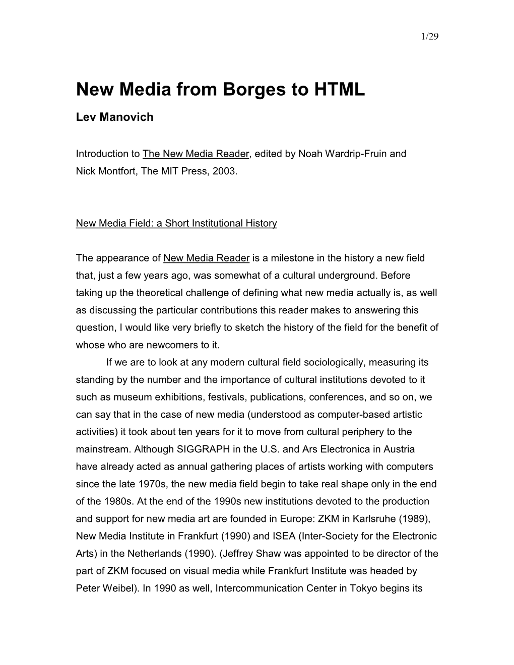 New Media from Borges to HTML Lev Manovich