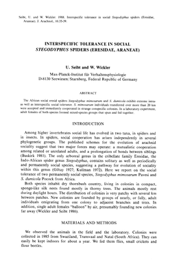 Interspecific Tolerance in Social Stegodyphus Spiders (Eresidae, Araneae)