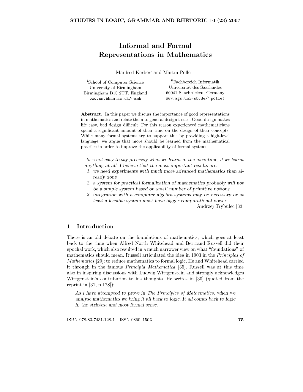 Informal and Formal Representations in Mathematics