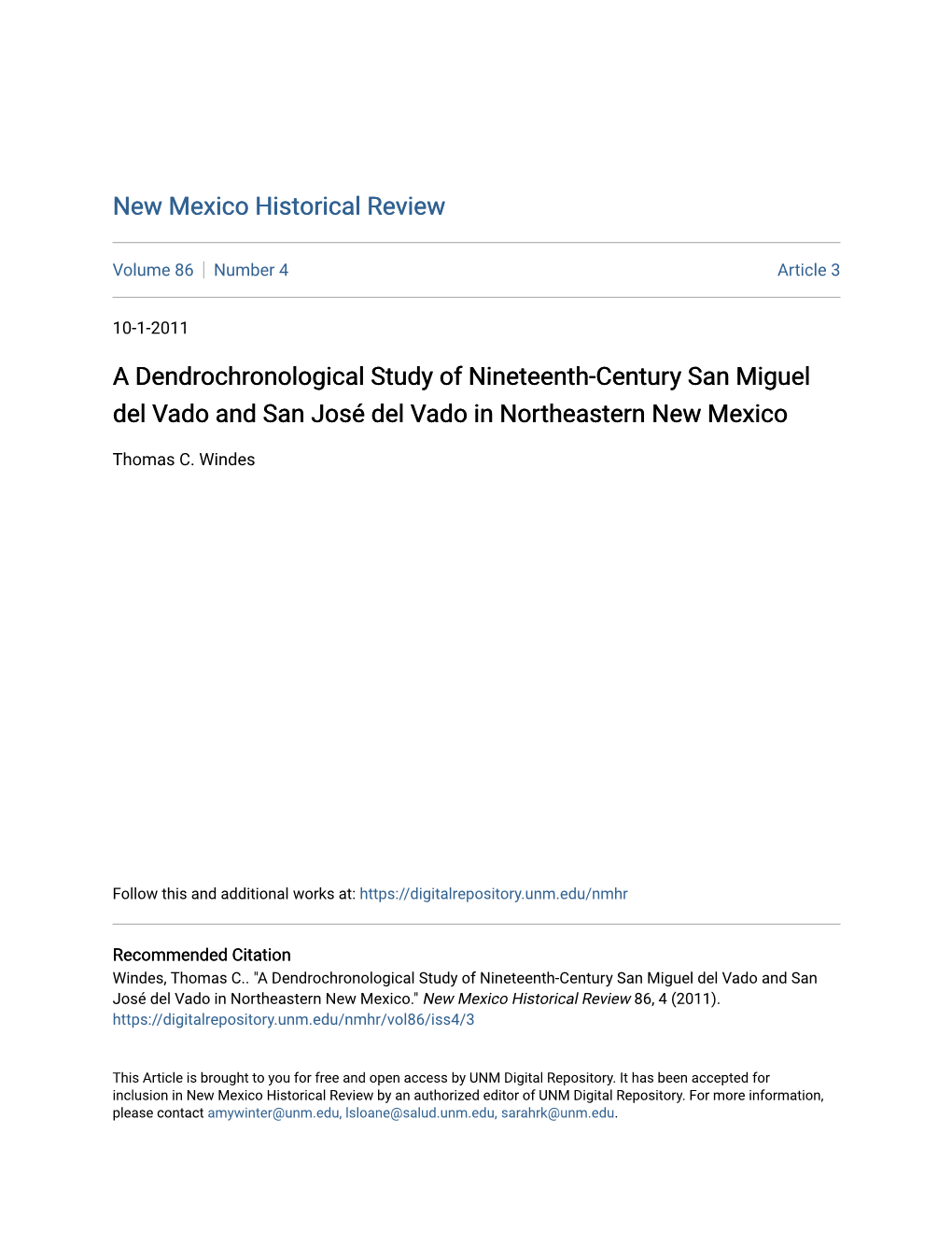 A Dendrochronological Study of Nineteenth-Century San Miguel Del Vado and San José Del Vado in Northeastern New Mexico