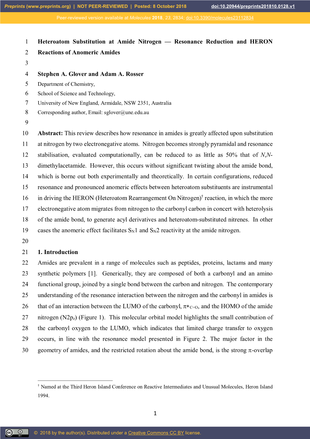 1 Heteroatom Substitution at Amide Nitrogen — Resonance Reduction and HERON 2 Reactions of Anomeric Amides 3 4 Stephen A