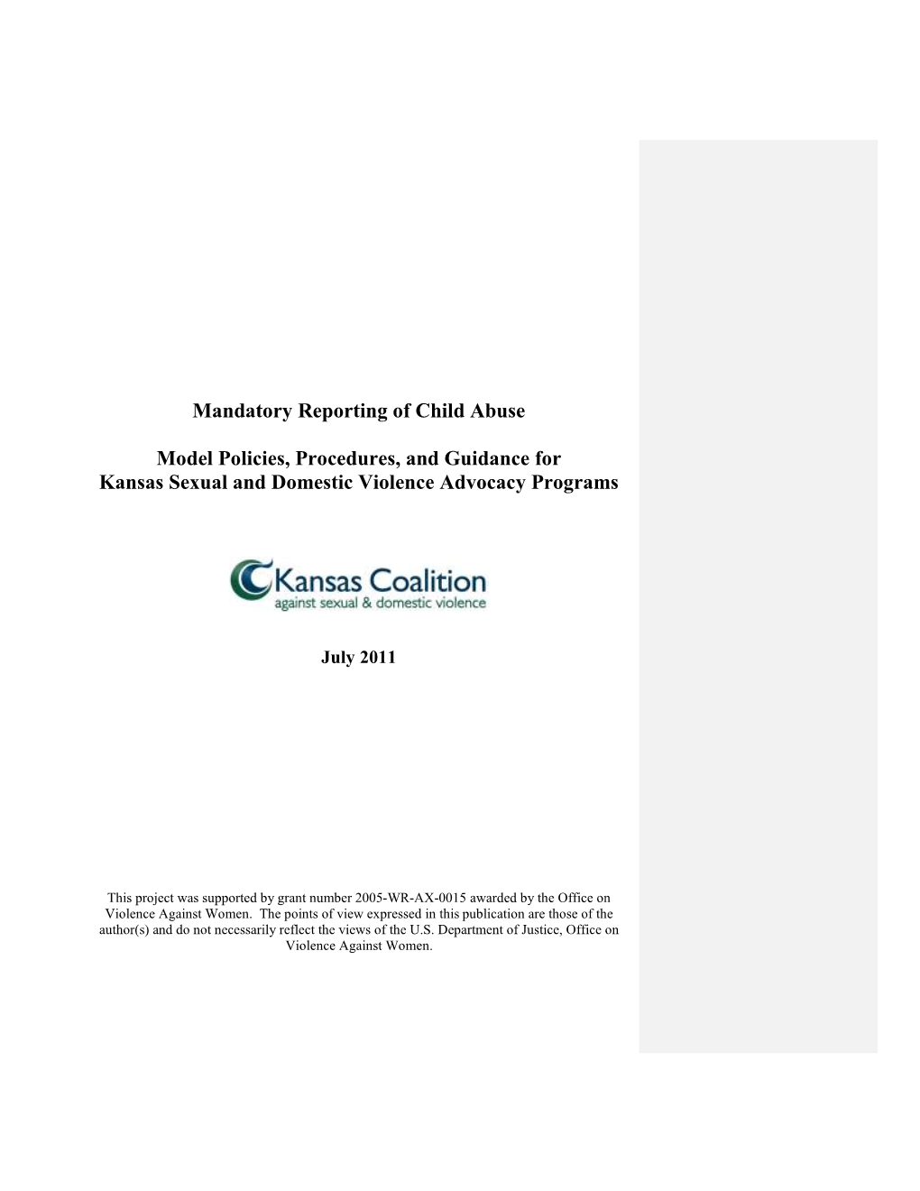 Kansas Mandatory Reporting of Child Abuse: Model Policies, Procedures, and Guidance for Advocacy Programs